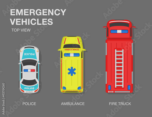 Driving a car. Top view of an emergency vehicles. Police, ambulance and fire brigade. Set of a flat vector illustration template.