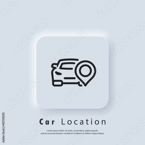 Rent car logo. Car location pin icon. Geolocation auto. Vector EPS 10. UI icon. Neumorphic UI UX white user interface web button. Neumorphism