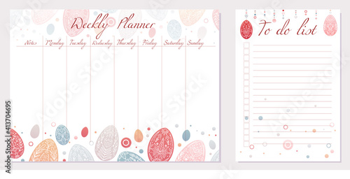 Set of day organization templates with tribal easter egg. Weekly planner and to do list. Festive Easter treat with folk pattern. Setting tasks for the day and for the week © veleri_kz