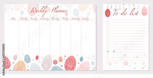 Set of day organization templates with tribal easter egg. Weekly planner and to do list. Festive Easter treat with folk pattern. Setting tasks for the day and for the week