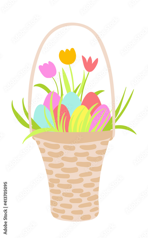 Easter wicker basket with eggs and tulips. Easter picnic basket in cartoon style with flowers and eggs.