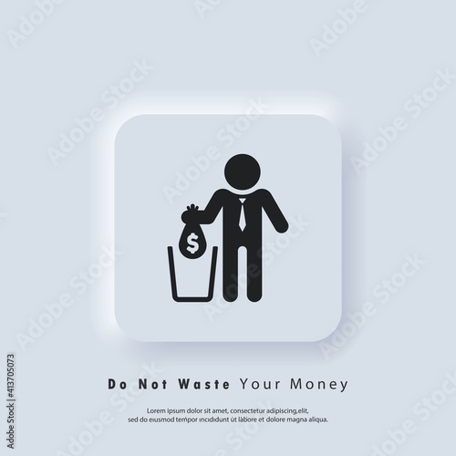 Financial losses icon. Falling bag with dollar in trash. Big expenses, money deduction, maintenance costs. Do not waste money. Vector EPS 10. UI icon. Neumorphic UI UX