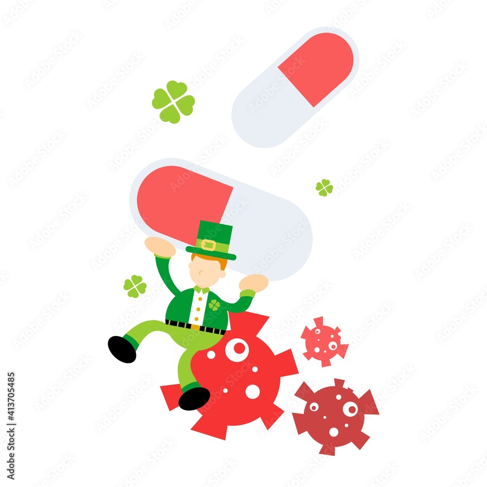 leprechaun shamrock celtic cure medicine corona virus pathogen cartoon doodle flat design style vector illustration