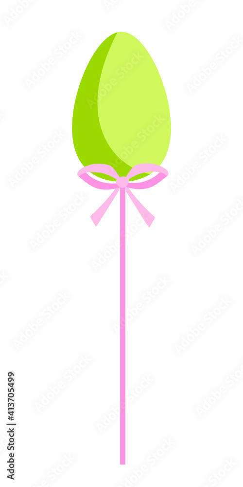 Vector Easter egg decor. Green Easter egg on stick with bow isolated on white background. Flat style April holiday decor.