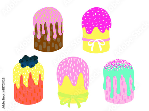 Easter cake set. Hand drawn cartoon Easter cakes set. Cute desserts with glaze and sprinkles. Holiday decor.