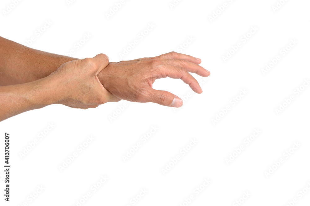 Young man touching his injured wrist on white background, withe clipping paths. Young man touching his injured wrist on white background, withe clipping paths.