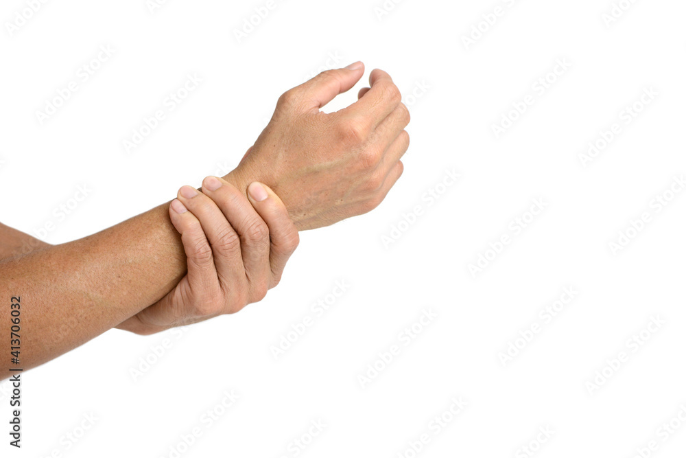 Young man touching his injured wrist on white background, withe clipping paths.