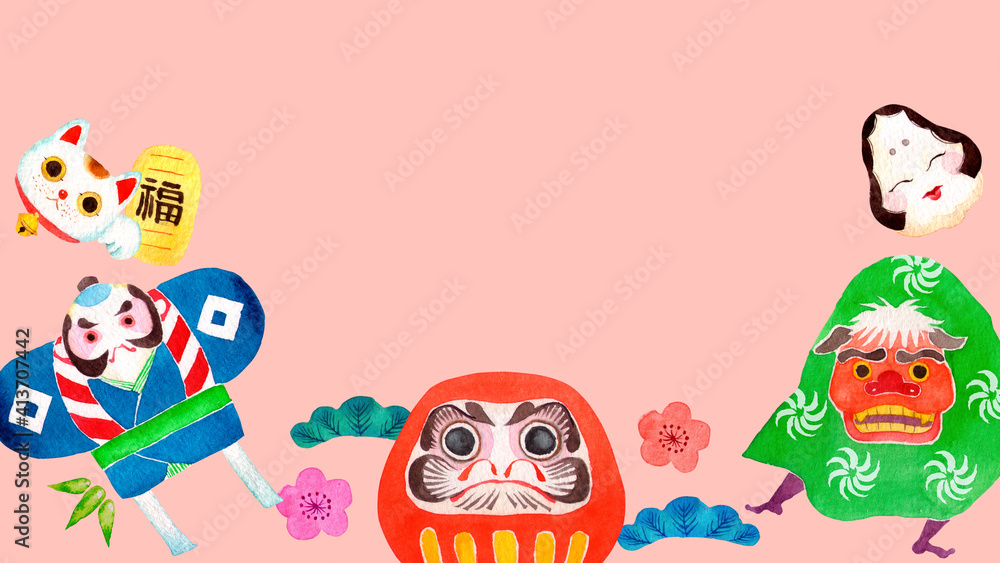 Fototapeta premium 正月 縁起物 背景 フレーム 水彩 イラスト 横長