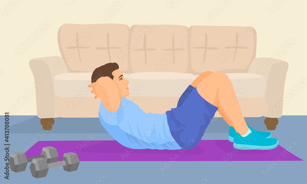 Young man doing sit-ups in his living room Young man doing sit-ups in his living room
