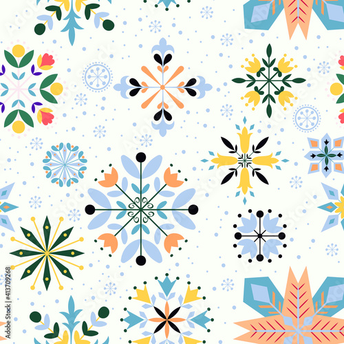 snowflake colorful blue and yellow geometric motif pattern with abstract diagonal fabric on white.