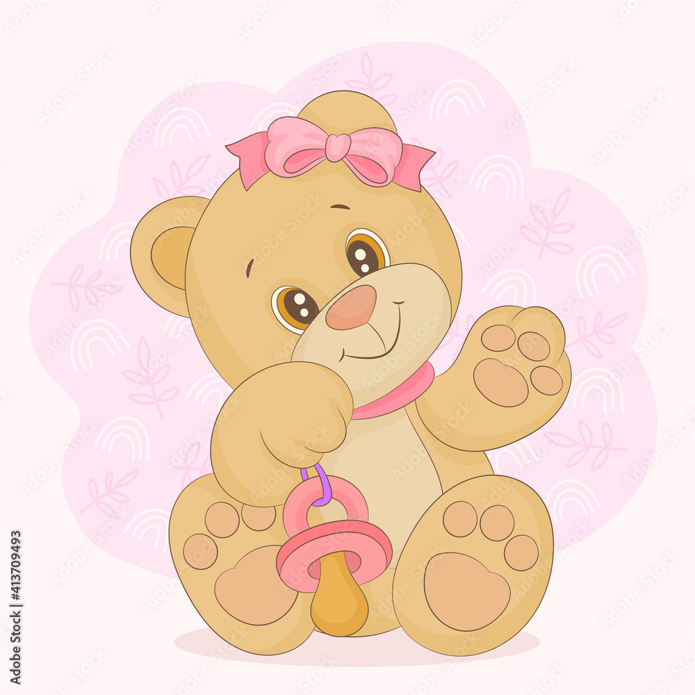 A playful bear is holding a pink pacifier A playful bear is holding a pink pacifier