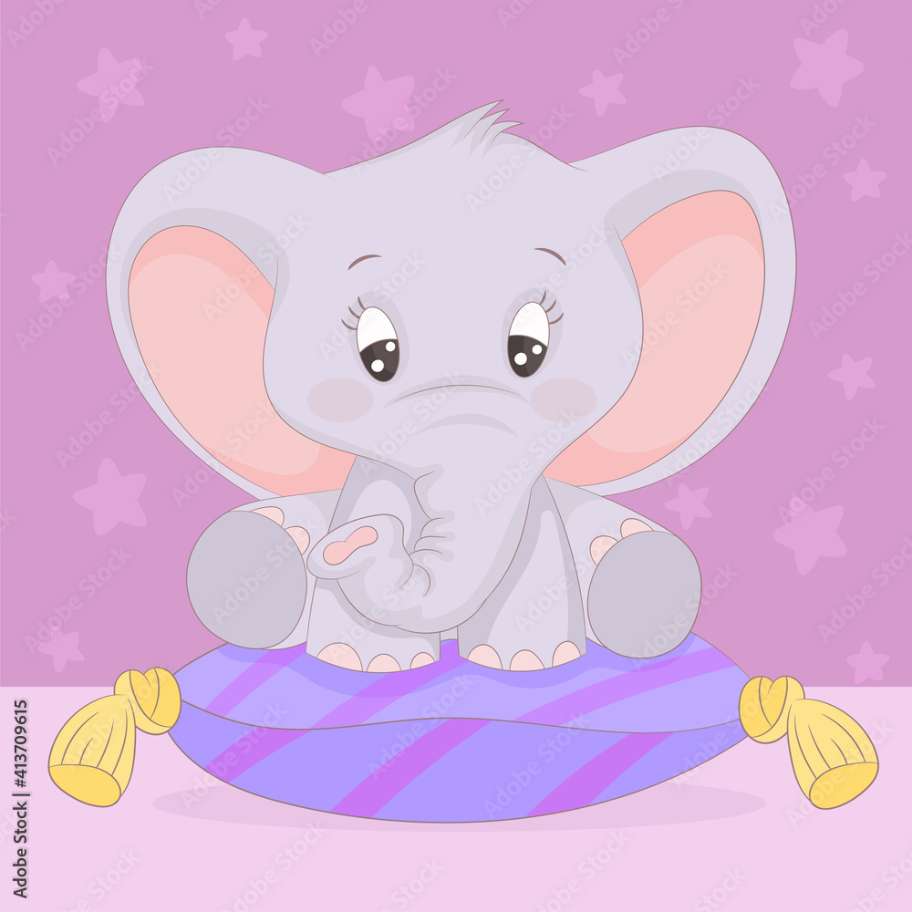 Fototapeta premium Little baby elephant sitting on a fluffy pillow 