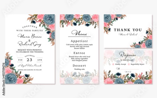 Elegant Blue Pink Vintage Floral Wedding Invitation Set
