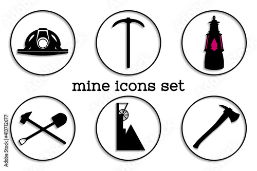 Set of mine icons with shadows. Helmet, pickaxe, lantern, shovel, hammer, ax and mining