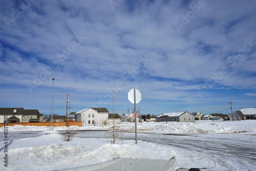 Winter road covered with snow on forest background in Fairbanks, Alaska. background - 冬 雪が積もった道 フェアバンクス アラスカ