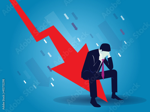 Sad crying businessman with down arrow, concept of bankruptcy, global economic recession