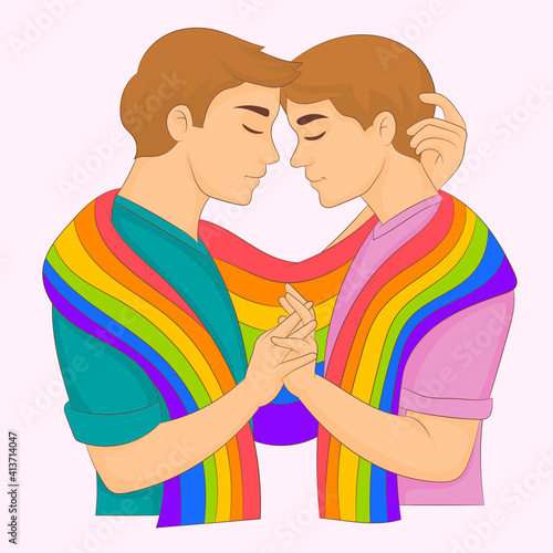 Two loving boys under the LGBT rainbow flag 