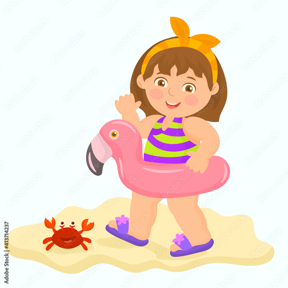 A girl walking on the beach with inflatable float 