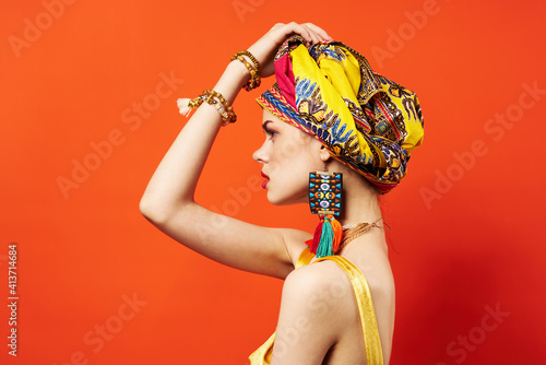Obraz na plátně attractive woman oriental style head turban decoration ethnicity