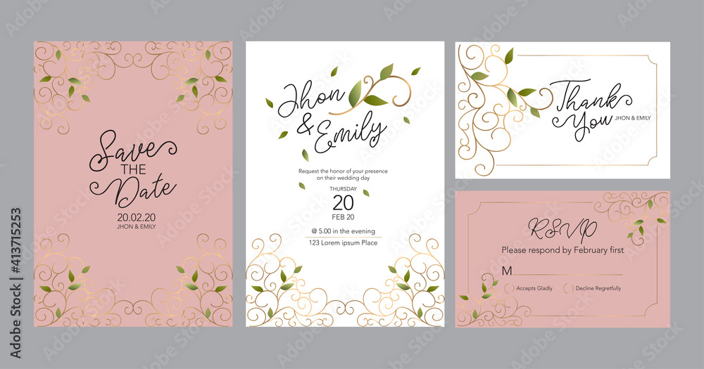 Elegant watercolor wedding invitation card with greenery leaves
Elegant watercolor wedding invitation card with greenery leaves