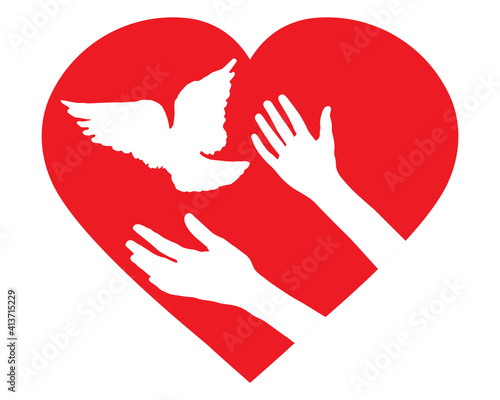Female hands let bird go free and pigeon flies, in shape of heart. Concept of peace, hope, love and goodness. Woman and bird. Vector illustration