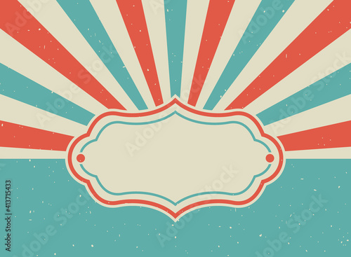 Sunlight retro ray background with vintage frame for text. Red and beige color burst background.