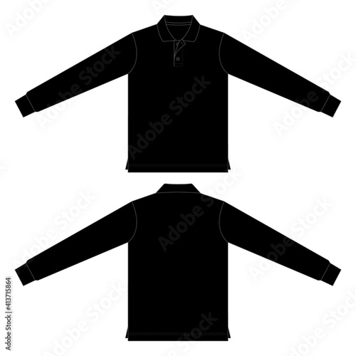 Blank Black Long Sleeve Polo Shirt For Template.Front And Back View.