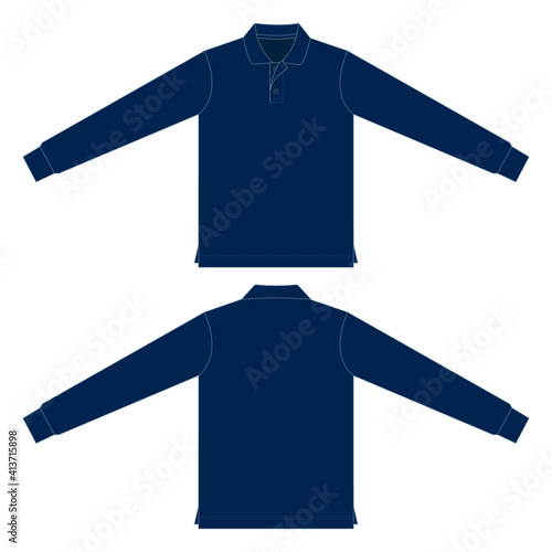 Blank Navy Blue Long Sleeve Polo Shirt Vector For Template.Front And Back View.