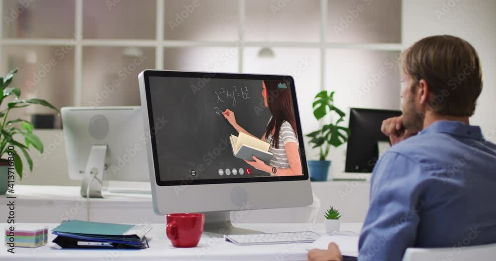 Caucasian male student using computer on video call with female teacher Caucasian male student using computer on video call with female teacher