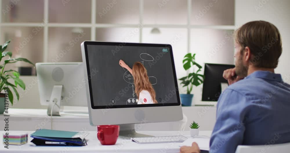 Caucasian male student using computer on video call with female teacher Caucasian male student using computer on video call with female teacher