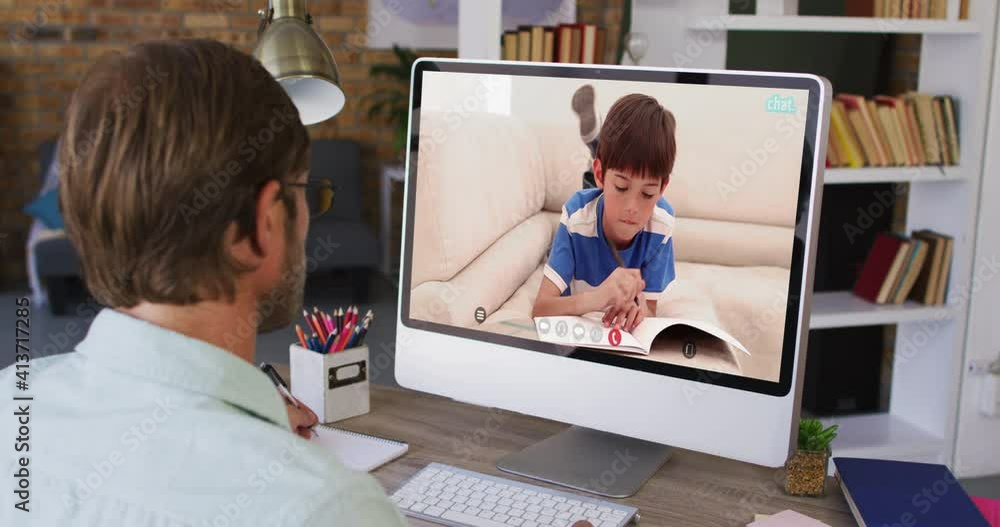 Caucasian male teacher using computer on video call with schoolboy Caucasian male teacher using computer on video call with schoolboy