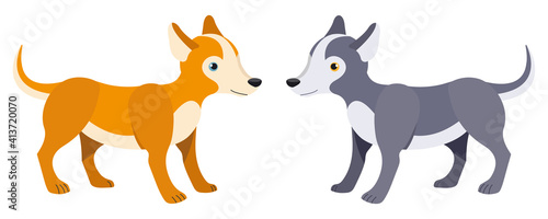 Two vector puppies  standing, shades of grey and orange. Cute dogs, husky like for children's textile, wrapping paper, books and design