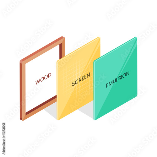 screen printing vector illustration. preparation before the screen printing process. from wood, gauze, Emulsion. in right isometric style. 3d style.
white background