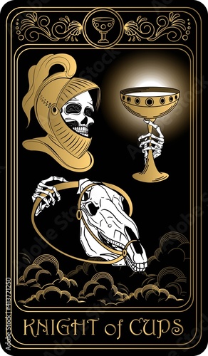 Knight of Cups. Card of Minor arcana black and gold tarot cards. Tarot deck. Vector hand drawn illustration with skull, occult, mystical and esoteric symbols.