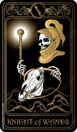 Knight of Wands. Card of Minor arcana black and gold tarot cards. Tarot deck. Vector hand drawn illustration with skull, occult, mystical and esoteric symbols.