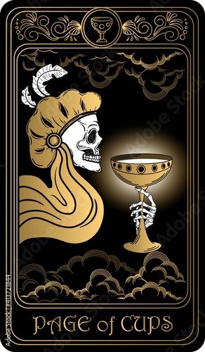 Page of Cups. Card of Minor arcana black and gold tarot cards. Tarot deck. Vector hand drawn illustration with skull, occult, mystical and esoteric symbols.