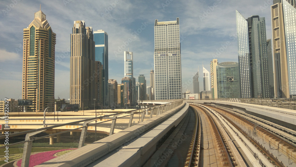 Beautiful Dubai city view from Dubai Metro - UAE