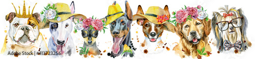 Border from watercolor portraits of dogs for decoration