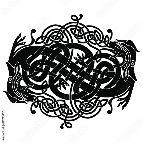 Ornament in the form of two braided dragons in the Celtic national style isolated on a white background.