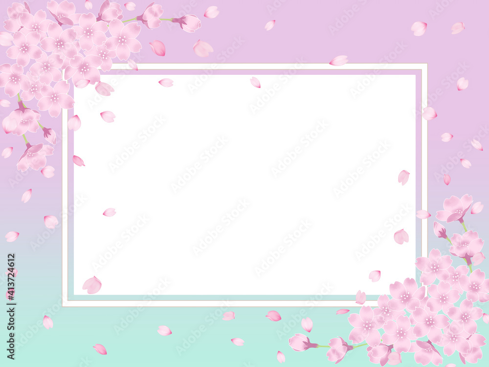 桜と花びらのフレーム－背景ピンクと水色のグラデーション
