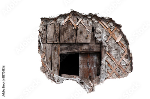 The hole in the wooden wall on a white background. The hole is insulated.