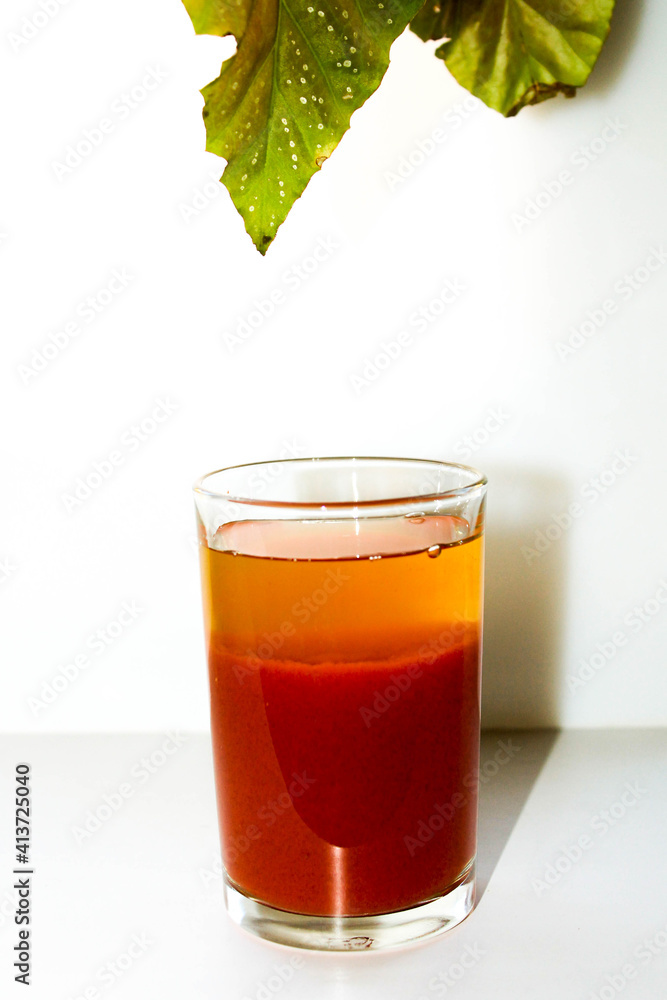 A glass of tomato juice with an overhanging green leaf on top on a white background. A glass of tomato juice with an overhanging green leaf on top on a white background.