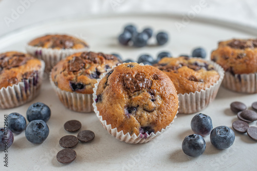 sweet home made chocolate blueberry muffins on a table