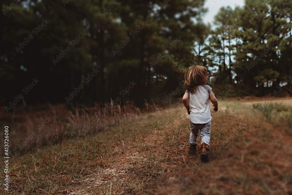 Rear view of baby girl walking on field against trees Rear view of baby girl walking on field against trees