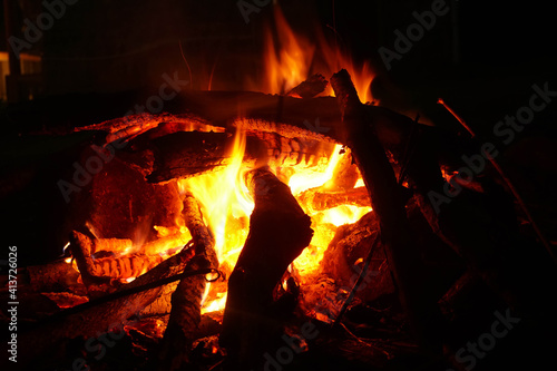 burning wood fire in fireplace 
