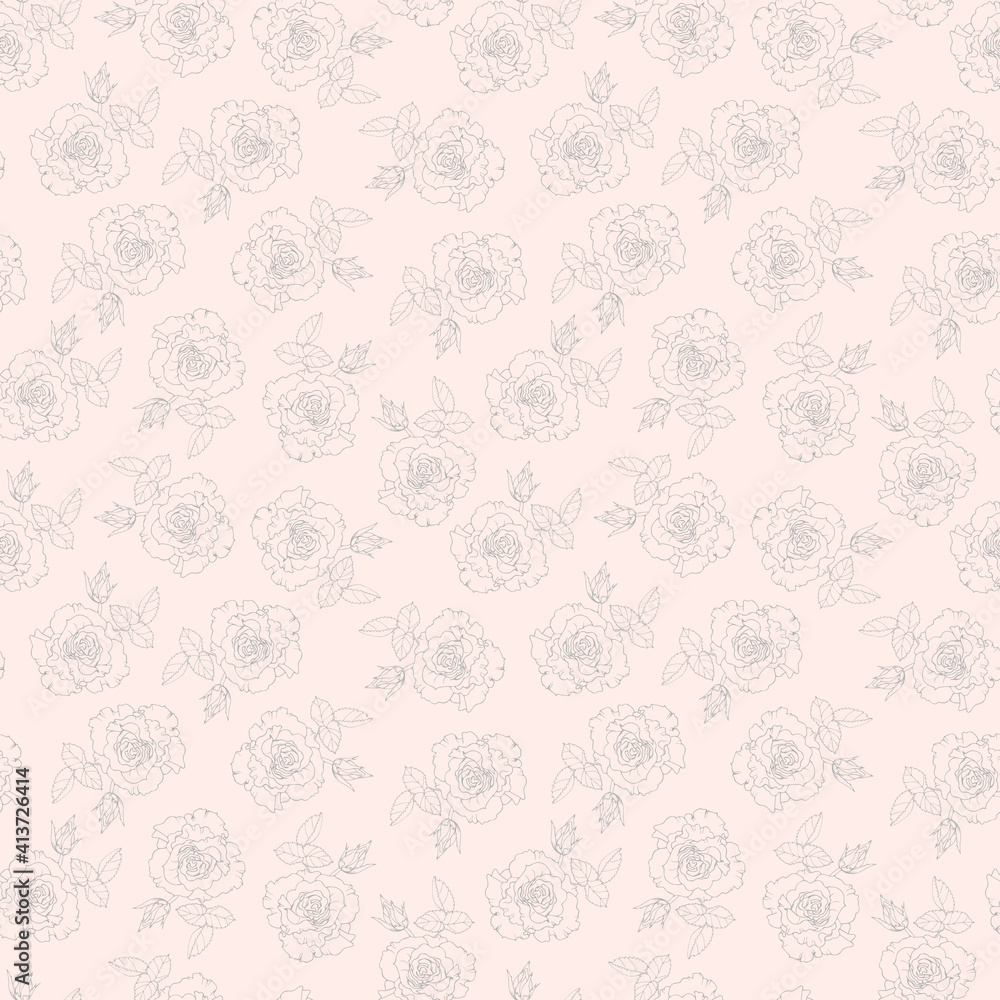 Vector seamless floral pattern with a contour of a rose flower on a light peach background for fabric design, wrapping paper, texture for background.