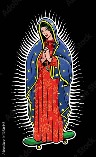 Virgin of Guadalupe 111 Virgin of Guadalupe on a skateboard. The Virgin Mary Vector Poster Illustration.