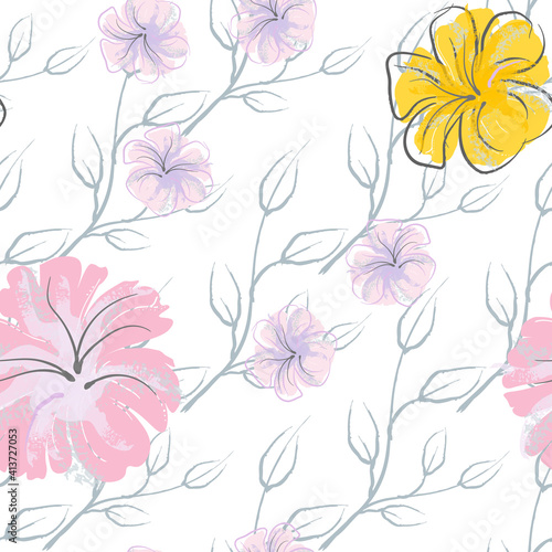 Wallpaper Mural Pink Flowers Blooming Pattern. Pastel Watercolor. Torontodigital.ca