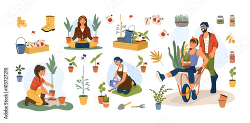 Set of people gardening at spring time with equipment and tools. Gardener woman planting tree and watering flower. Flat cartoon isolated vector illustration.