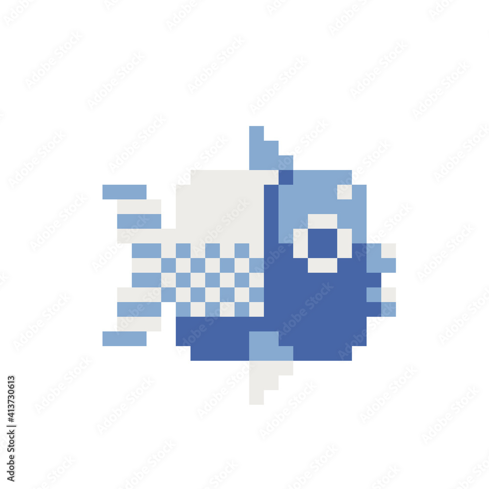 Fish sticker icon. Pixel art style. 8-bit sprite. Old school computer graphic style. Isolated vector illustration. Knitted design.